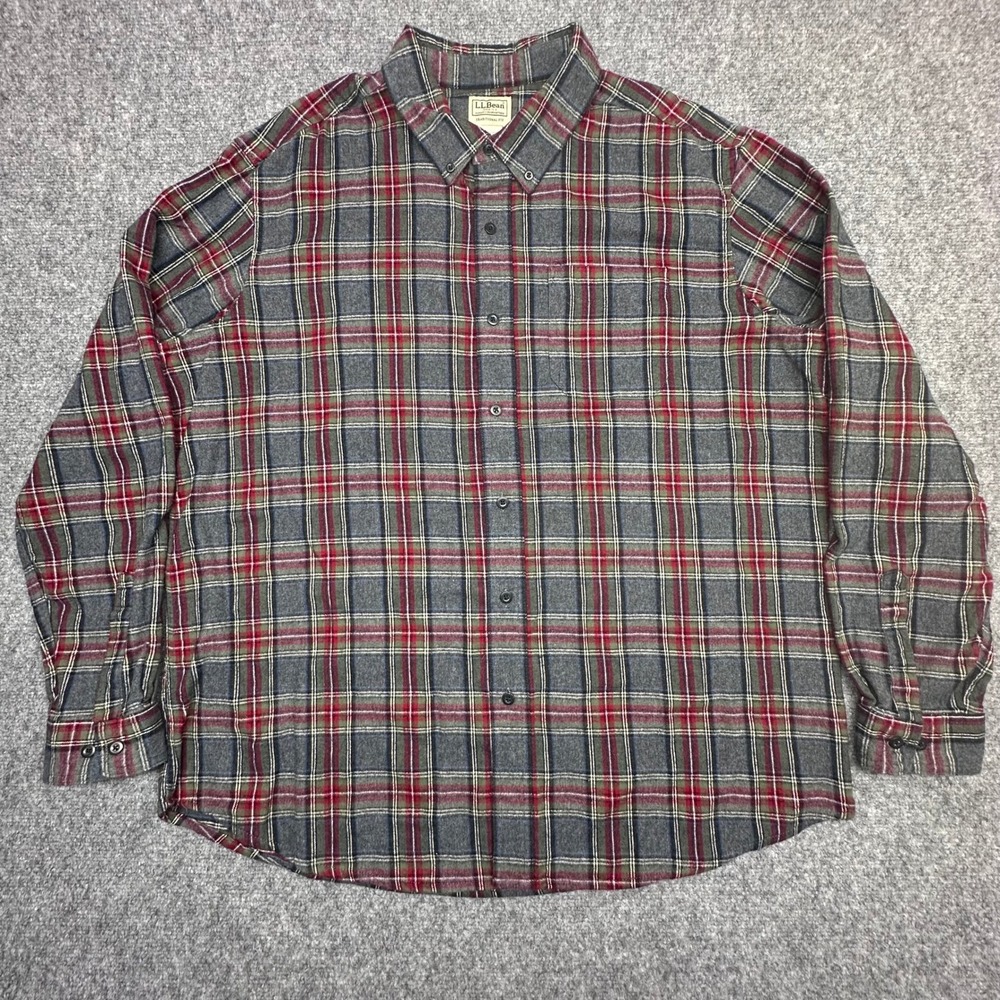 L.L. Bean Flannel Shirt XL Grey Red Plaid Traditional Fit Cotton Button Down